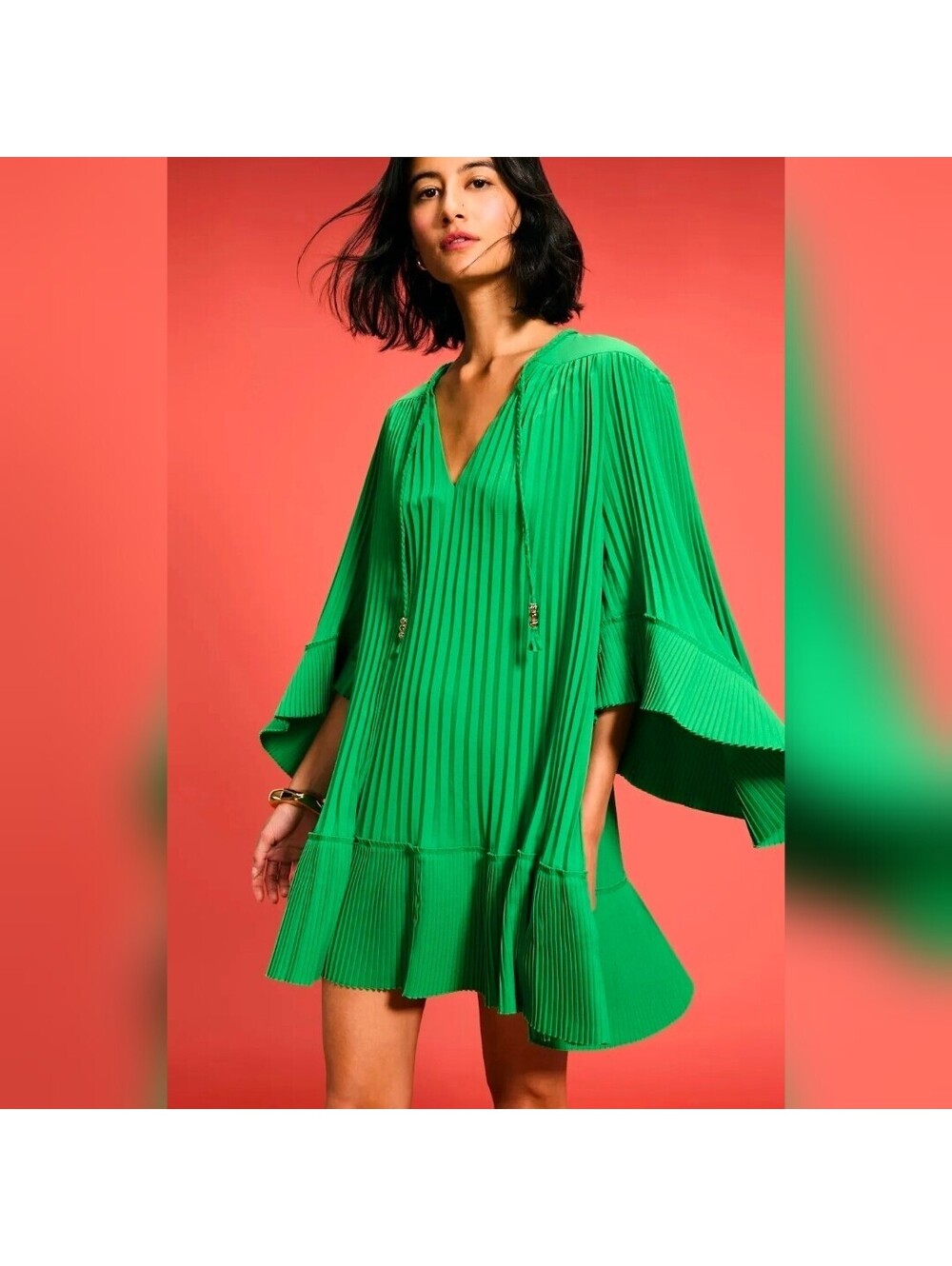 Maje Pleated Green Dress Bell Sleeves Size 34 XS Boho Elegant Whimsical Fairy